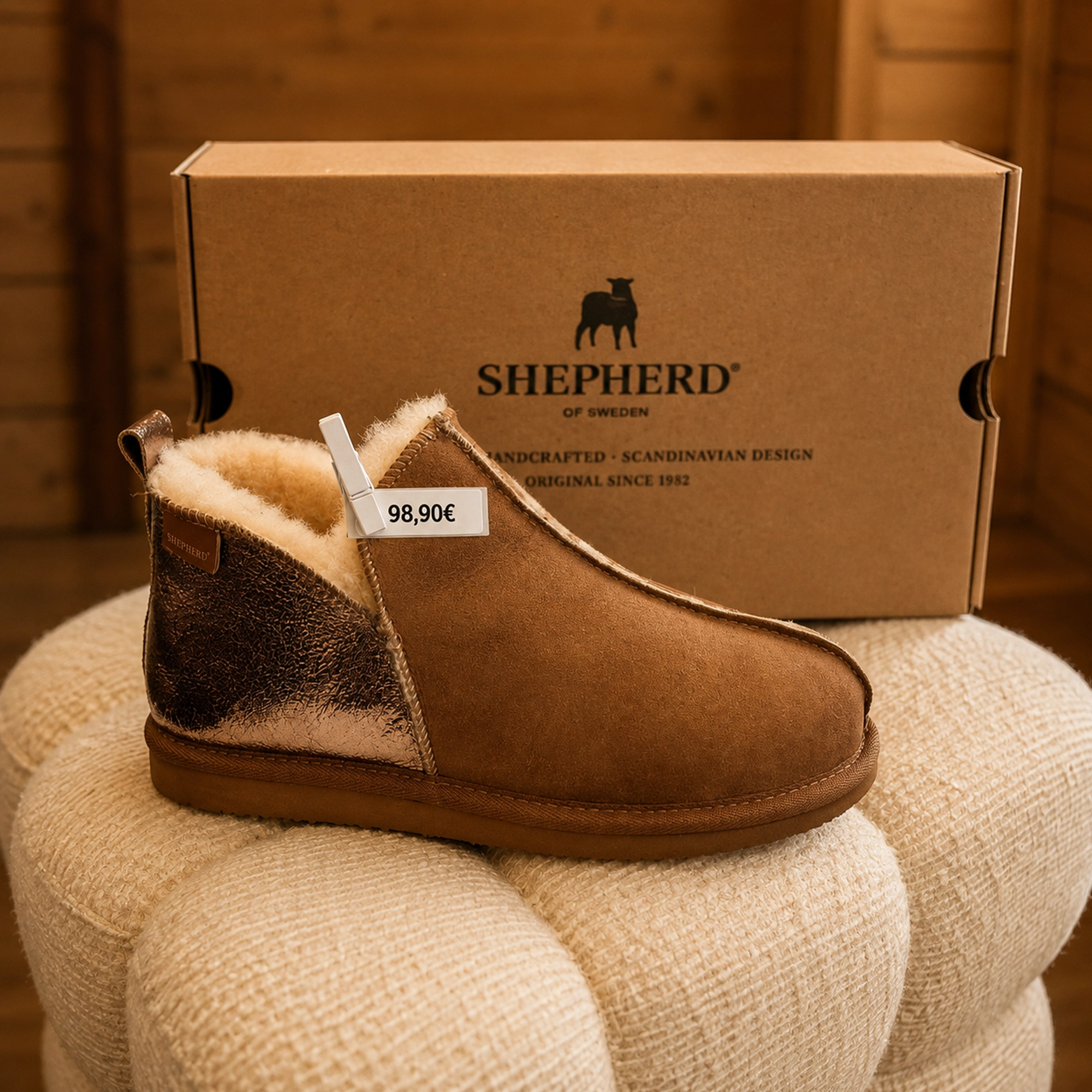Chausson femme fourré marron à finition métallisée de la nouvelle collection