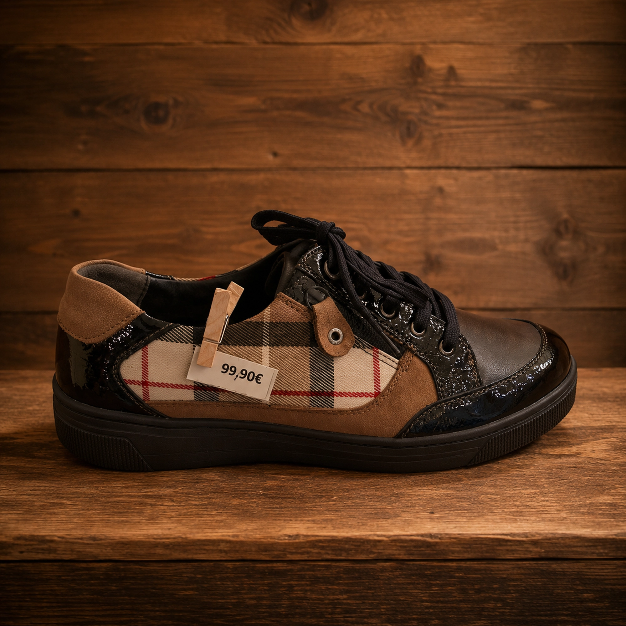 Basket femme à carreaux et détails vernis de la nouvelle collection