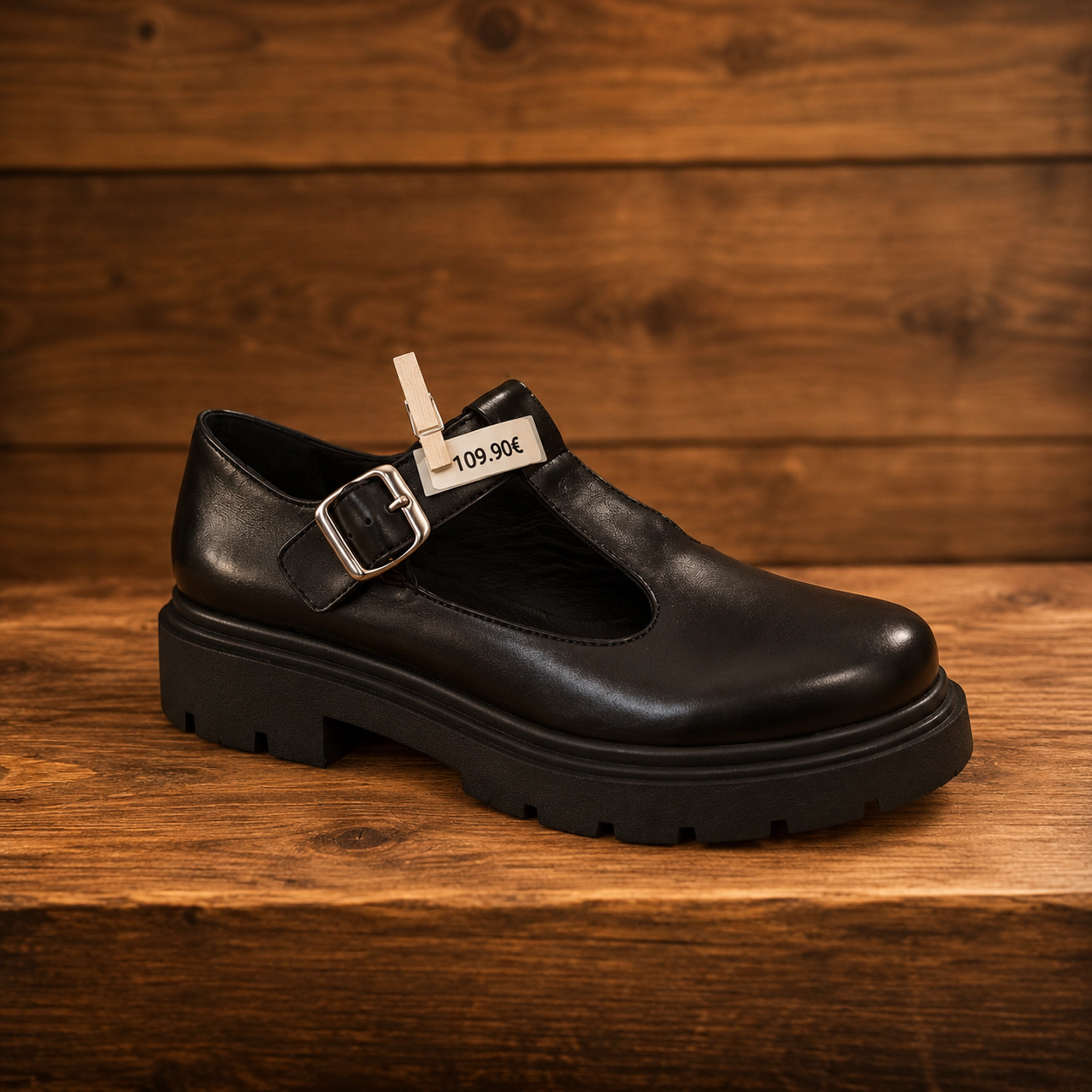 Chaussure femme noire à boucle et semelle crantée de la nouvelle collection